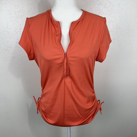 Carve Designs Shirt Women Large Orange Quarter Zip Ruched Short Sleeve Active - Picture 14 of 15